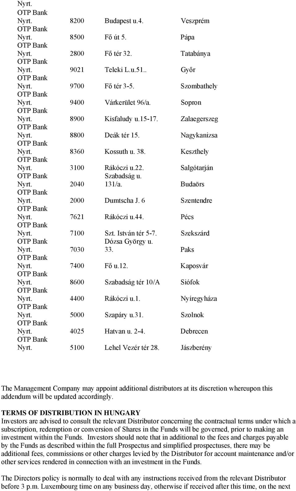 Budaörs Nyrt. 2000 Dumtscha J. 6 Szentendre Nyrt. 7621 Rákóczi u.44. Pécs Nyrt. 7100 Szt. István tér 5-7. Szekszárd Nyrt. 7030 Dózsa György u. 33. Paks Nyrt. 7400 Fő u.12. Kaposvár Nyrt.