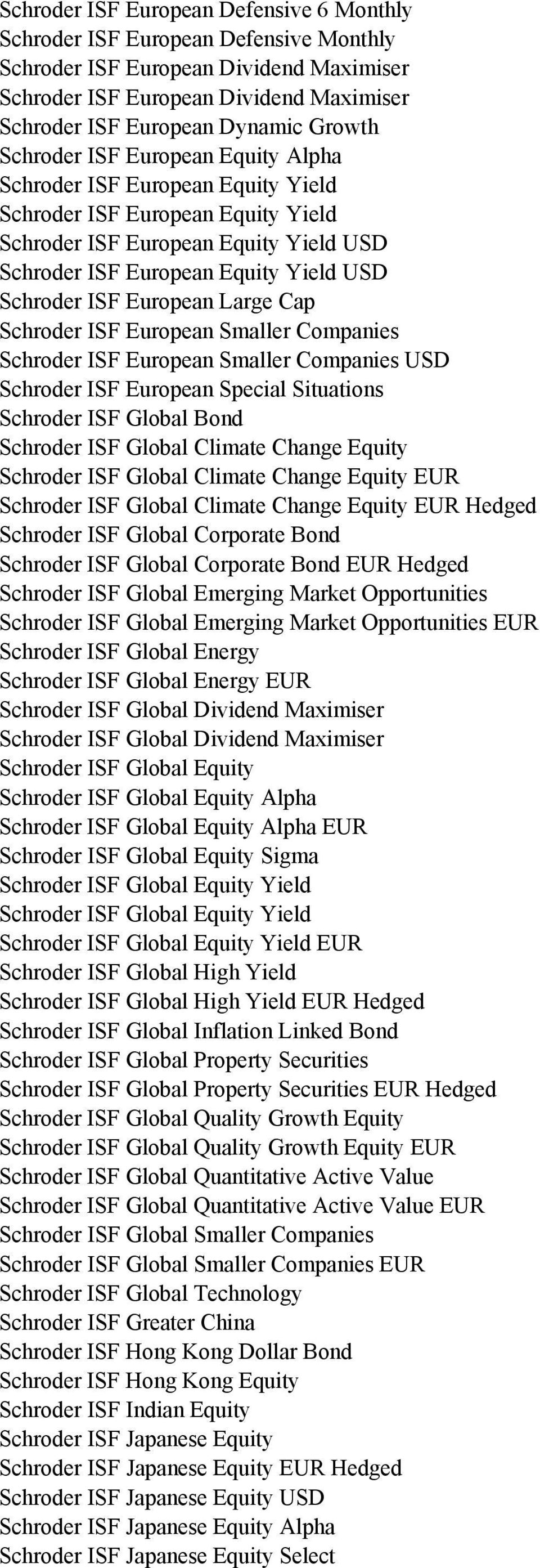 ISF European Large Cap Schroder ISF European Smaller Companies Schroder ISF European Smaller Companies USD Schroder ISF European Special Situations Schroder ISF Global Bond Schroder ISF Global