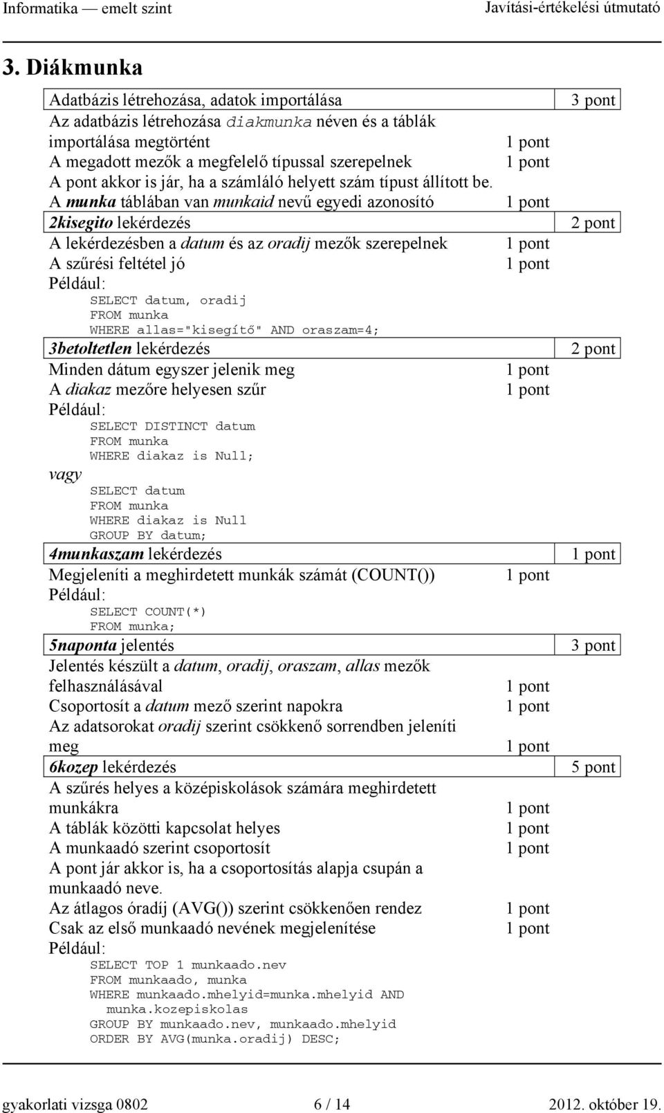 A munka táblában van munkaid nevű egyedi azonosító 2kisegito lekérdezés A lekérdezésben a datum és az oradij mezők szerepelnek A szűrési feltétel jó SELECT datum, oradij FROM munka WHERE