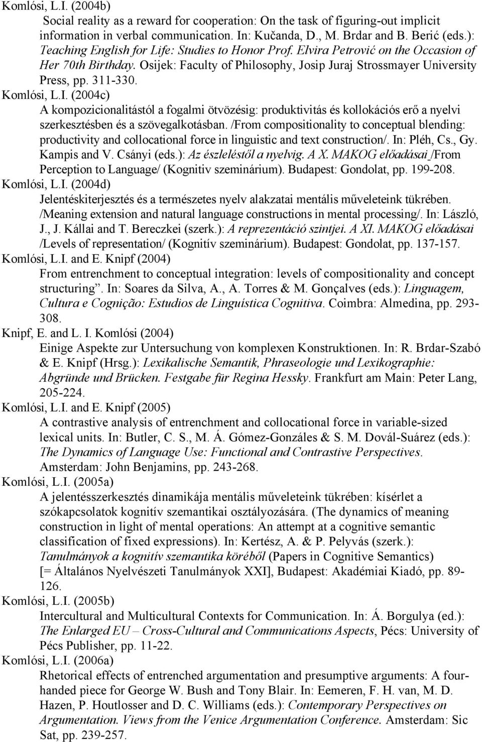 Komlósi, L.I. (2004c) A kompozicionalitástól a fogalmi ötvözésig: produktivitás és kollokációs erő a nyelvi szerkesztésben és a szövegalkotásban.