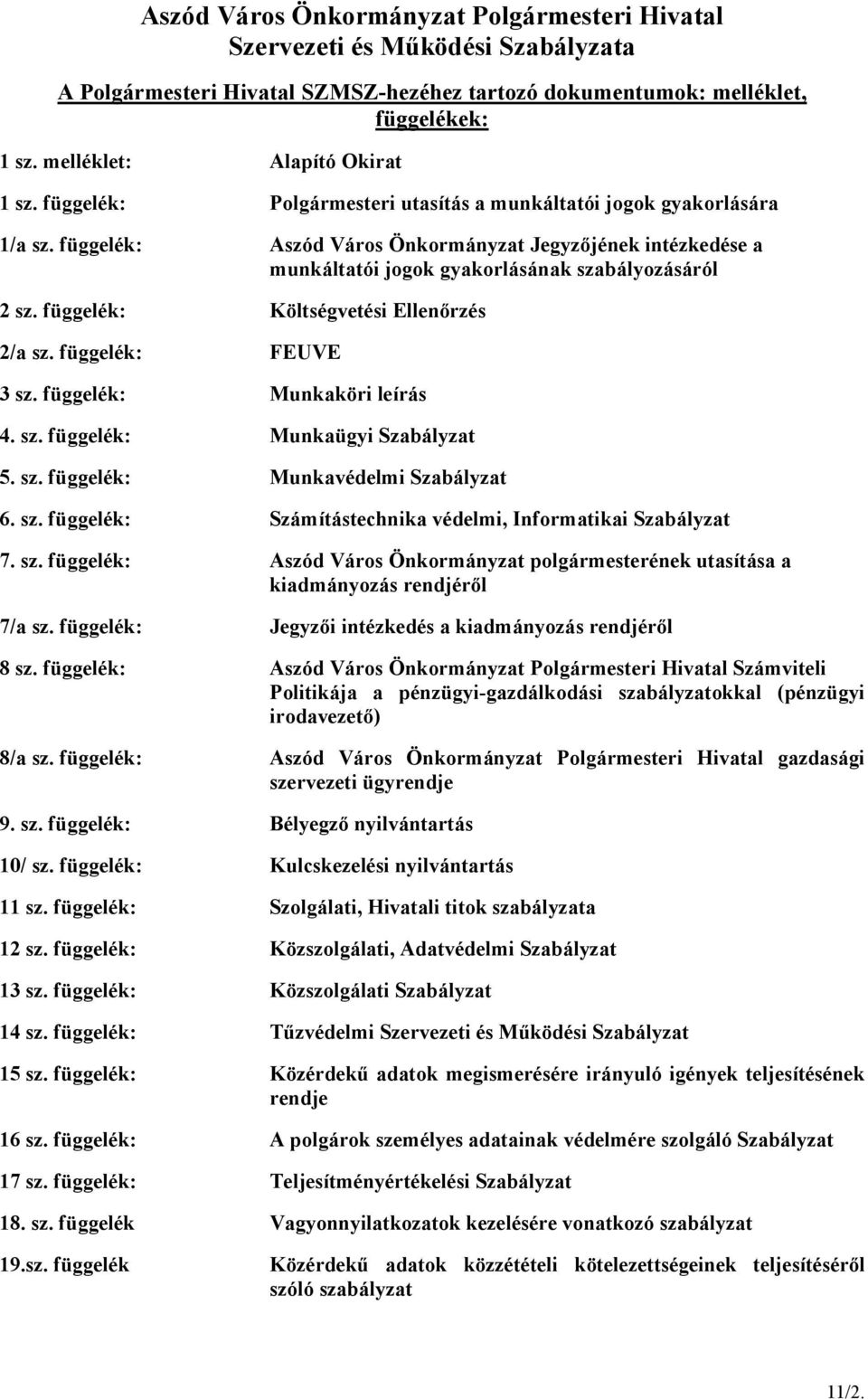 függelék: Aszód Város Önkormányzat Jegyzıjének intézkedése a munkáltatói jogok gyakorlásának szabályozásáról 2 sz. függelék: Költségvetési Ellenırzés 2/a sz. függelék: FEUVE 3 sz.