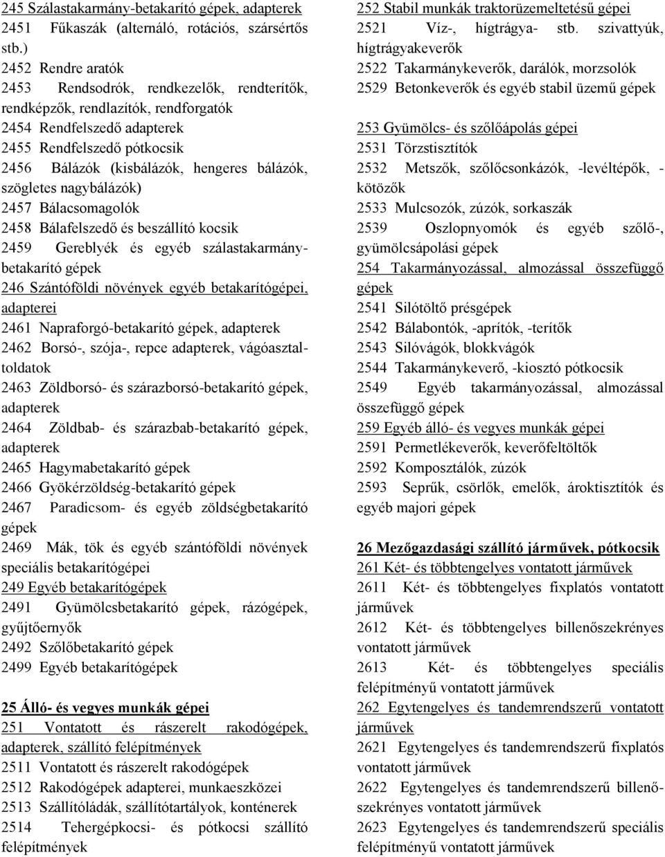 bálázók, szögletes nagybálázók) 2457 Bálacsomagolók 2458 Bálafelszedő és beszállító kocsik 2459 Gereblyék és egyéb szálastakarmánybetakarító 246 Szántóföldi növények egyéb betakarítógépei, adapterei