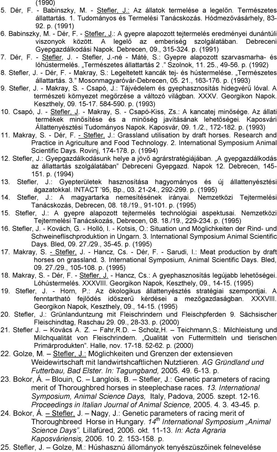 - Stefler, J. - Stefler, J.-né - Máté, S.: Gyepre alapozott szarvasmarha- és lóhústermelés. Természetes állattartás 2. Szolnok, 11. 25., 49-56. p. (1992) 8. Stefler, J. - Dér, F. - Makray, S.