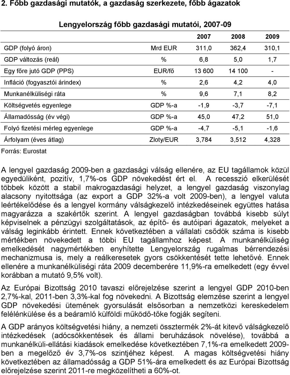 GDP %-a 45,0 47,2 51,0 Folyó fizetési mérleg egyenlege GDP %-a -4,7-5,1-1,6 Árfolyam (éves átlag) Zloty/EUR 3,784 3,512 4,328 Forrás: Eurostat A lengyel gazdaság 2009-ben a gazdasági válság ellenére,