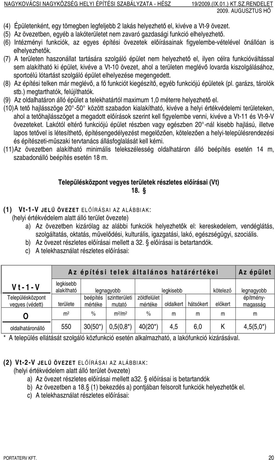 (7) A területen haszonállat tartására szolgáló épület nem helyezhetı el, ilyen célra funkcióváltással sem alakítható ki épület, kivéve a Vt-10 övezet, ahol a területen meglévı lovarda