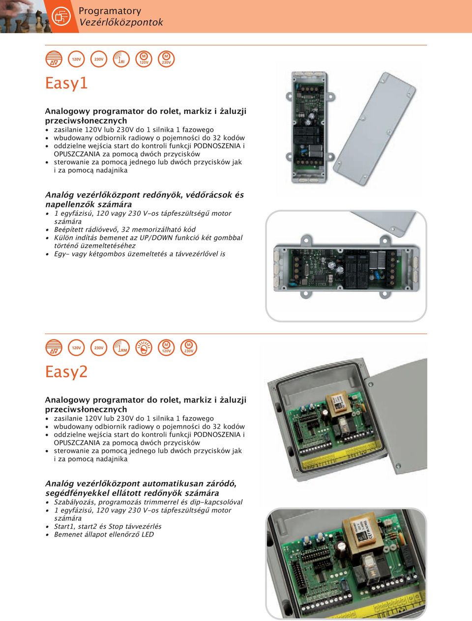 napellenzők 1 egyfázisú, 120 vagy 230 V-os tápfeszültségű motor Beépített rádióvevő, 32 memorizálható kód Külön indítás bemenet az UP/DOWN funkció két gombbal történő üzemeltetéséhez Egy- vagy