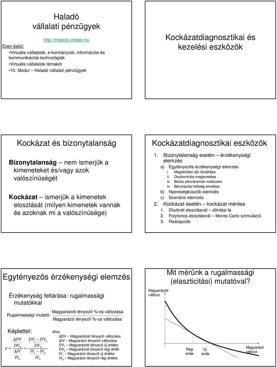 eloszlását (milye kimeetek vaak és azokak mi a valószíűsége) Kockázatdiagosztikai eszközök. izoytalaság eseté érzékeységi elemzés a) Egytéyezős érzékeységi elemzés i. Megtérülési idő rövidítése ii.