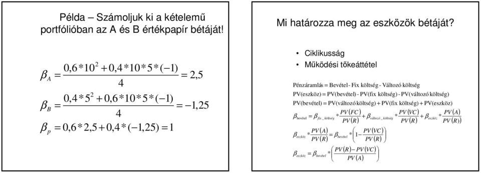 Ciklikusság Működési tőkeáttétel Pézáramlás evétel- Fix költség - Változó költség PV(eszköz) PV(bevétel) - PV(fix költség)- PV(változó költség)