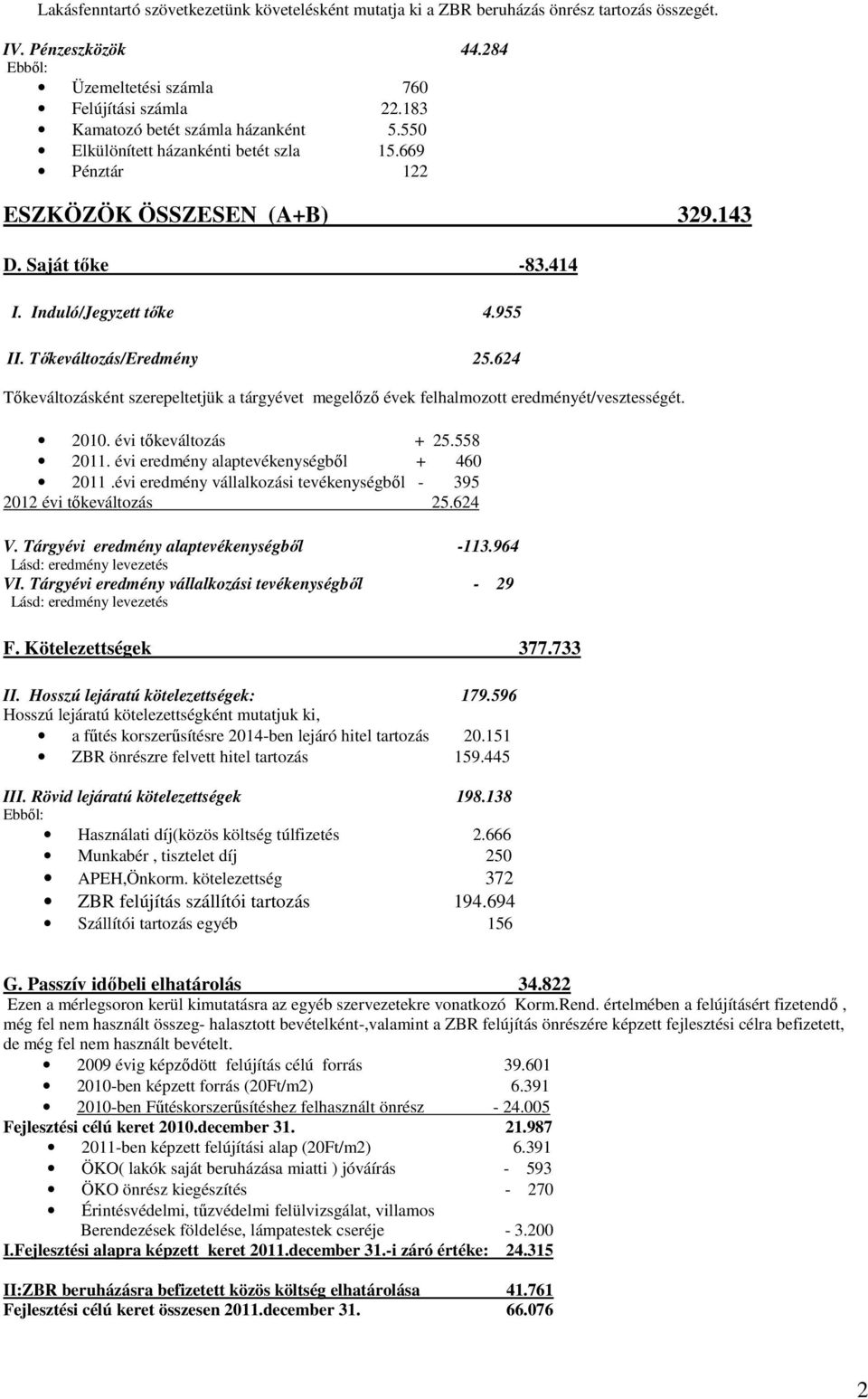 Tıkeváltozás/Eredmény 25.624 Tıkeváltozásként szerepeltetjük a tárgyévet megelızı évek felhalmozott eredményét/vesztességét. 2010. évi tıkeváltozás + 25.558 2011.