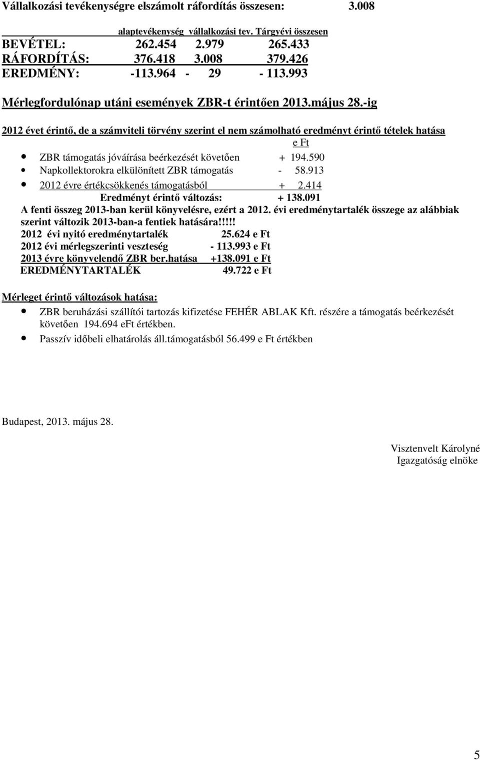 -ig 2012 évet érintı, de a számviteli törvény szerint el nem számolható eredményt érintı tételek hatása e Ft ZBR támogatás jóváírása beérkezését követıen + 194.