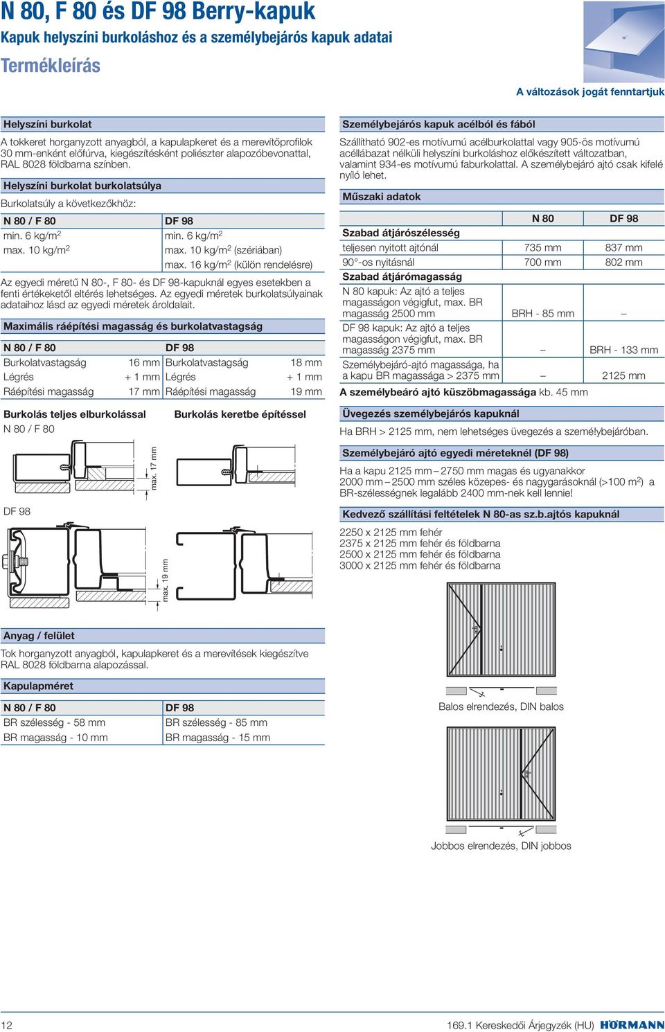 Helyszíni burkolat burkolatsúlya Burkolatsúly a következőkhöz: N 80 / F 80 DF 98 min. 6 kg/m 2 min. 6 kg/m 2 max. 10 kg/m 2 max. 10 kg/m 2 (szériában) max.