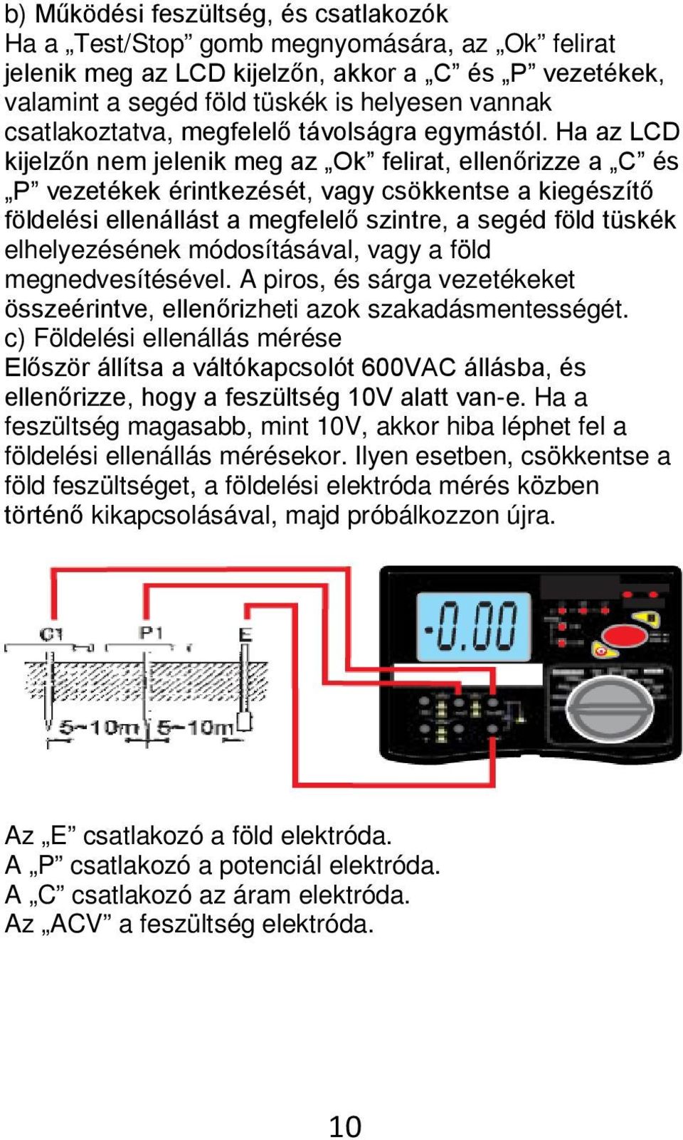 Ha az LCD kijelzőn nem jelenik meg az Ok felirat, ellenőrizze a C és P vezetékek érintkezését, vagy csökkentse a kiegészítő földelési ellenállást a megfelelő szintre, a segéd föld tüskék