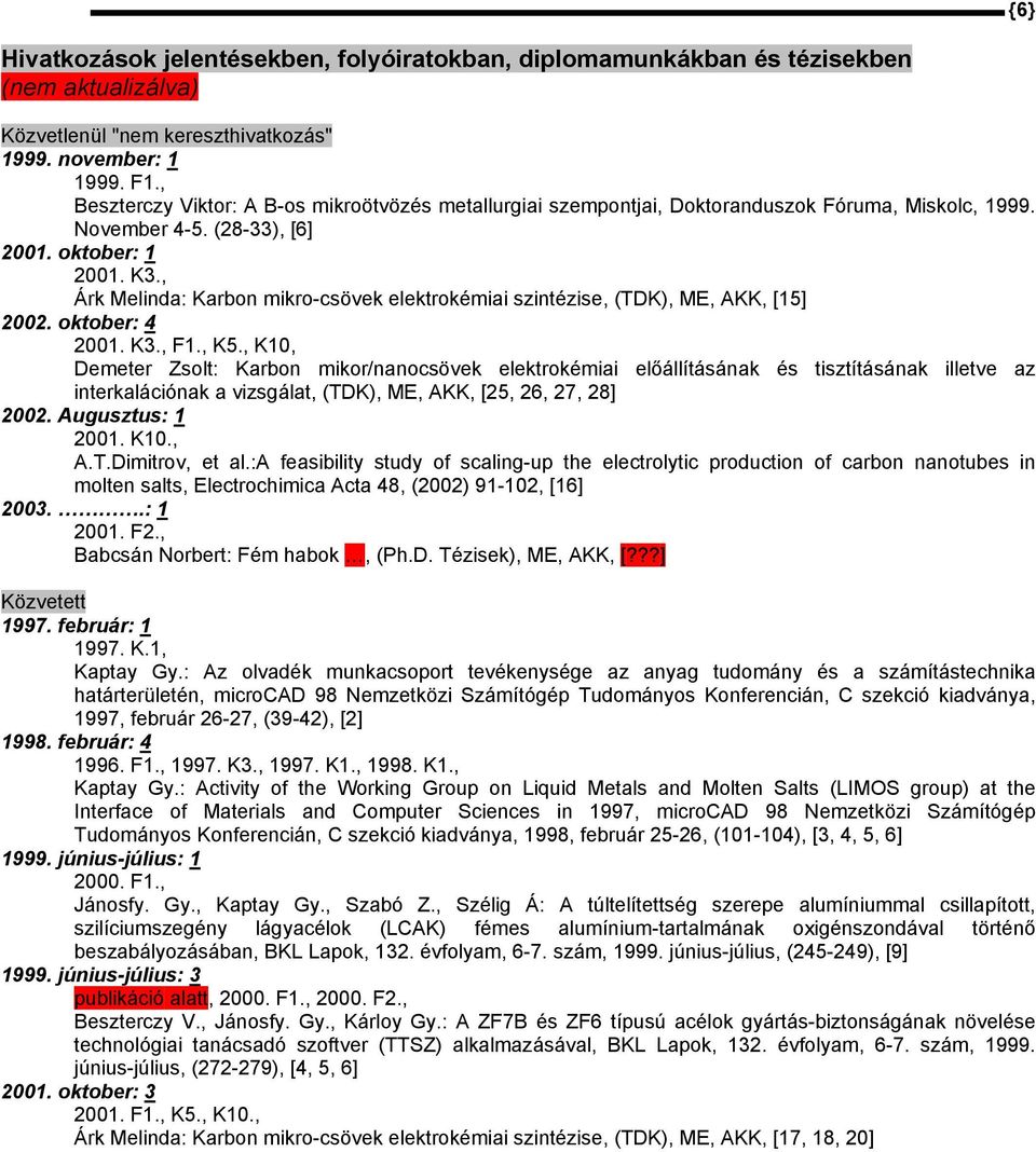 , Árk Melinda: Karbon mikro-csövek elektrokémiai szintézise, (TDK), ME, AKK, [15] 2002. oktober: 4 2001. K3., F1., K5.