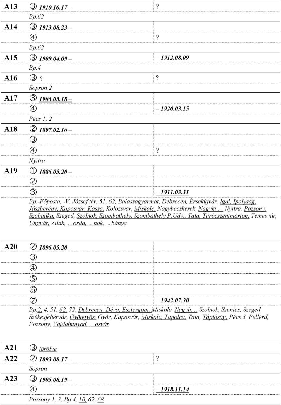 Szombathely, Szombathely P.Udv., Tata, Túrócszentmárton, Temesvár, Ungvár, Zilah, orda, nok, bánya A0 189.0.0 7 19.07.0 Bp.,, 1,, 7, Debrecen, Déva, Esztergom, Miskolc, Nagyb.