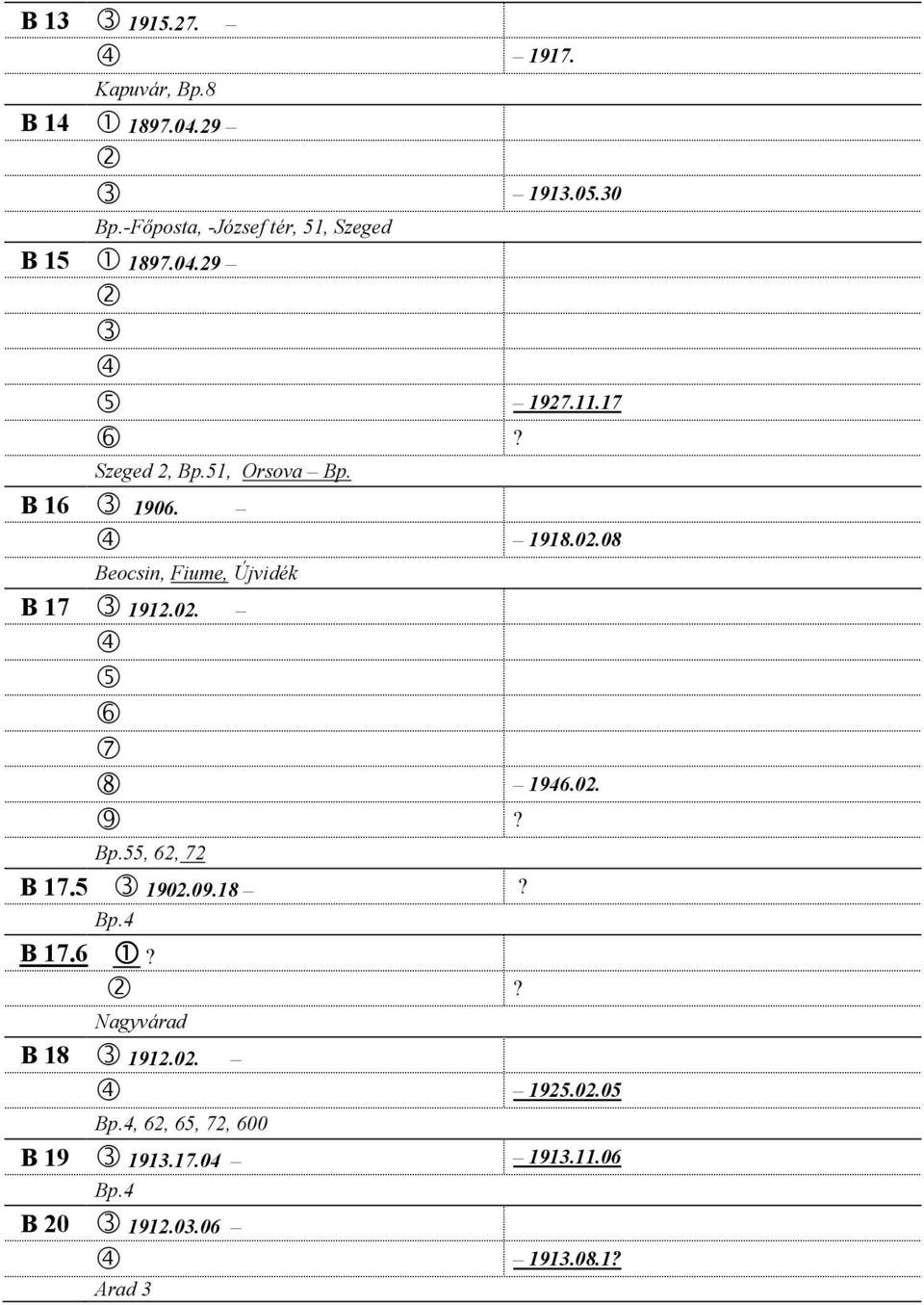 B 1 190. 1918.0.08 Beocsin, Fiume, Újvidék B 17 191.0. 7 8 19.0. 9 Bp.,, 7 B 17. 190.09.