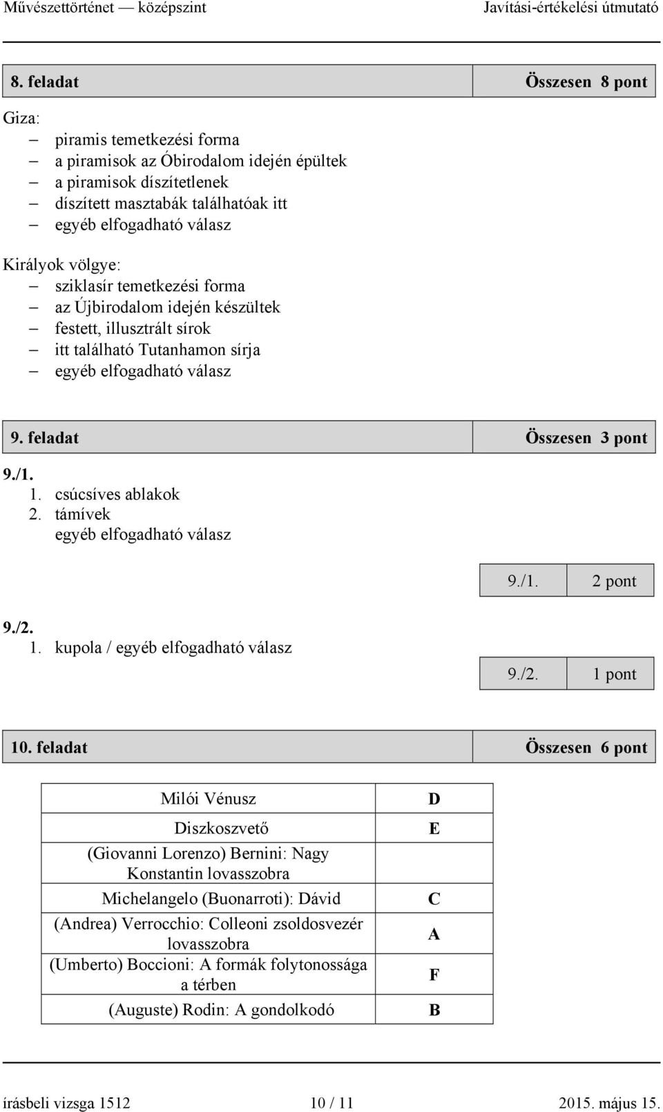 támívek egyéb elfogadható válasz 9./1. 2 pont 9./2. 1. kupola / egyéb elfogadható válasz 9./2. 1 pont 10.