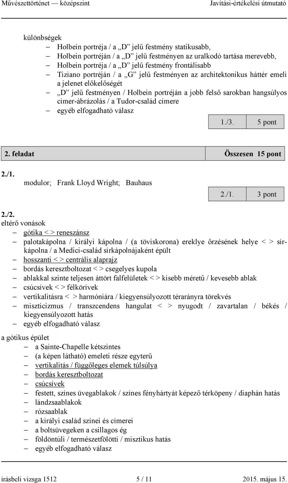 5 pont 2. feladat Összesen 15 pont 2./1. modulor; Frank Lloyd Wright; Bauhaus 2./1. 3 pont 2./2.
