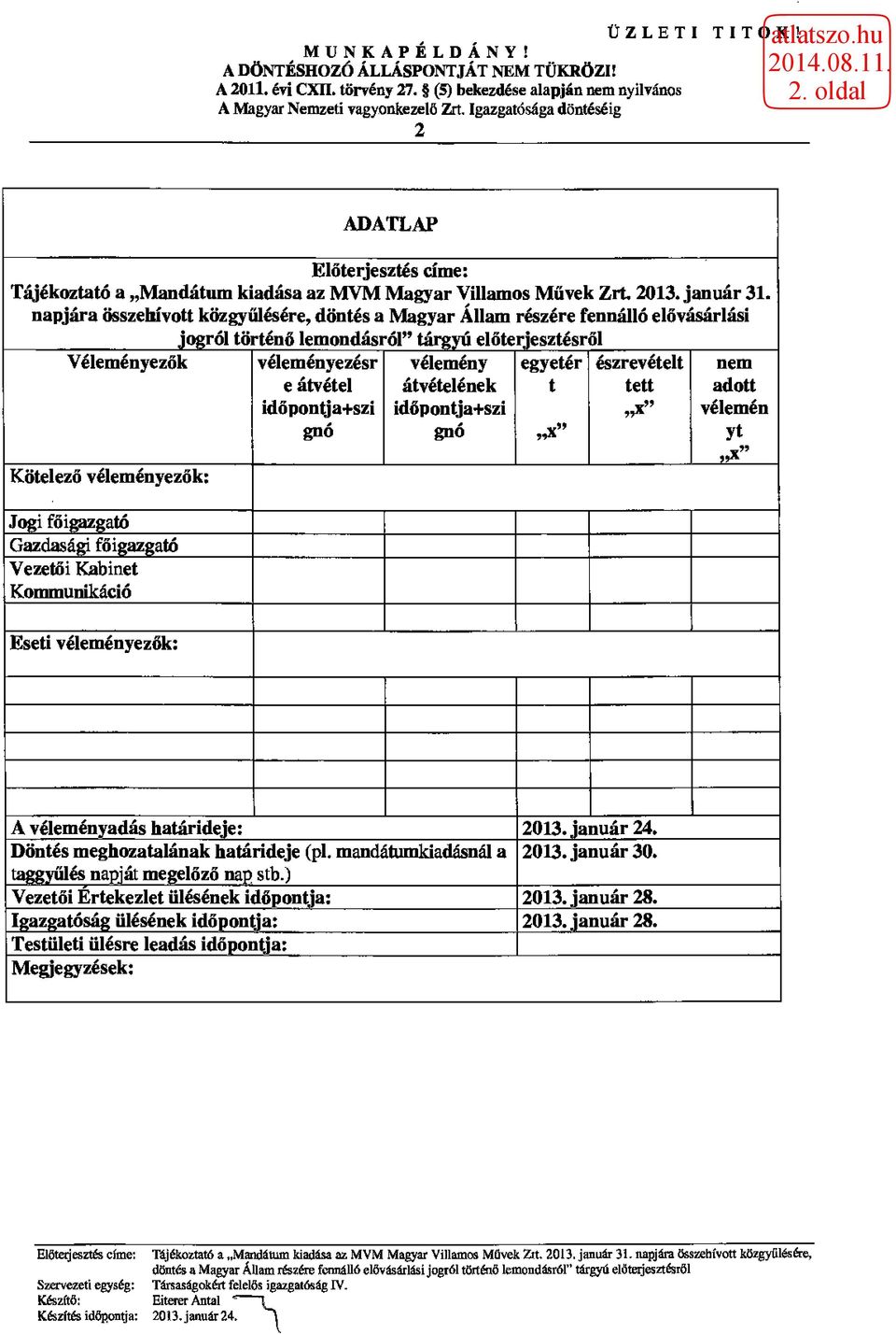 főigazgató Vezetői Kabinet Kommunikáció véleményezésr e átvétel időpontja+szi gnó vélemény átvételének időpontja+szi gnó egyetér t észrevételt tett nem adott vélemén yt Eseti véleményezők: A