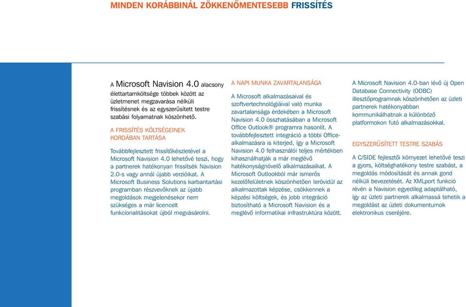 A FRISSÍTÉS KÖLTSÉGEINEK KORDÁBAN TARTÁSA Továbbfejlesztett frissítôkészletével a Microsoft Navision 4.0 lehetôvé teszi, hogy a partnerek hatékonyan frissítsék Navision 2.