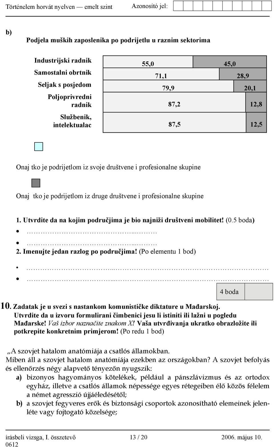 Utvrdite da na kojim područjima je bio najniži društveni mobilitet! (0.5 boda)...... 2. Imenujte jedan razlog po područjima! (Po elementu 1 bod)...... 4 boda 10.