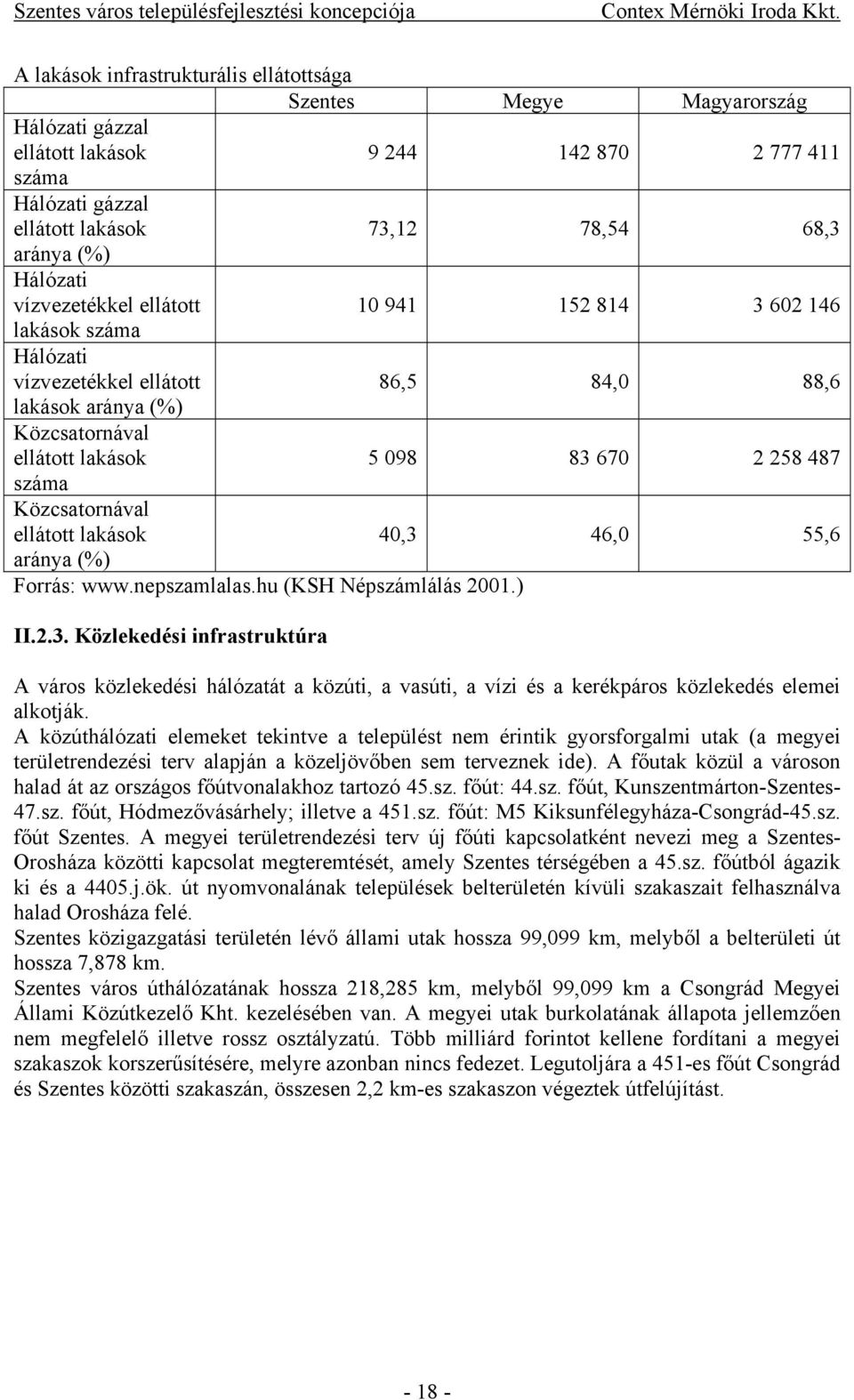 Közcsatornával ellátott lakások 40,3 46,0 55,6 aránya (%) Forrás: www.nepszamlalas.hu (KSH Népszámlálás 2001.) II.2.3. Közlekedési infrastruktúra A város közlekedési hálózatát a közúti, a vasúti, a vízi és a kerékpáros közlekedés elemei alkotják.