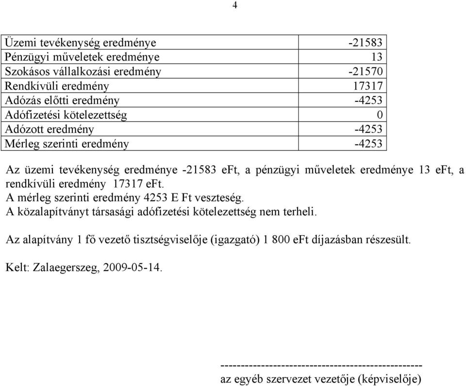 rendkívüli eredmény 17317 eft. A mérleg szerinti eredmény 4253 E Ft veszteség. A közalapítványt társasági adófizetési kötelezettség nem terheli.