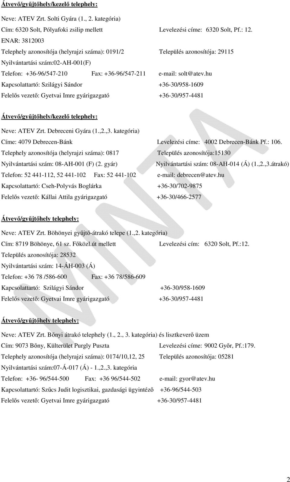 hu Kapcsolattartó: Szilágyi Sándor +36-30/958-1609 Felelős vezető: Gyetvai Imre gyárigazgató +36-30/957-4481 Átvevő/gyűjtőhely/kezelő telephely: Neve: ATEV Zrt. Debreceni Gyára (1.,2.,3.