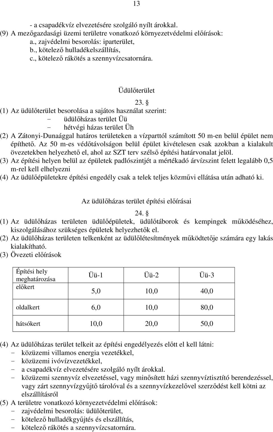 (1) Az üdülőterület besorolása a sajátos használat szerint: - üdülőházas terület Üü - hétvégi házas terület Üh (2) A Zátonyi-Dunaággal határos területeken a vízparttól számított 50 m-en belül épület