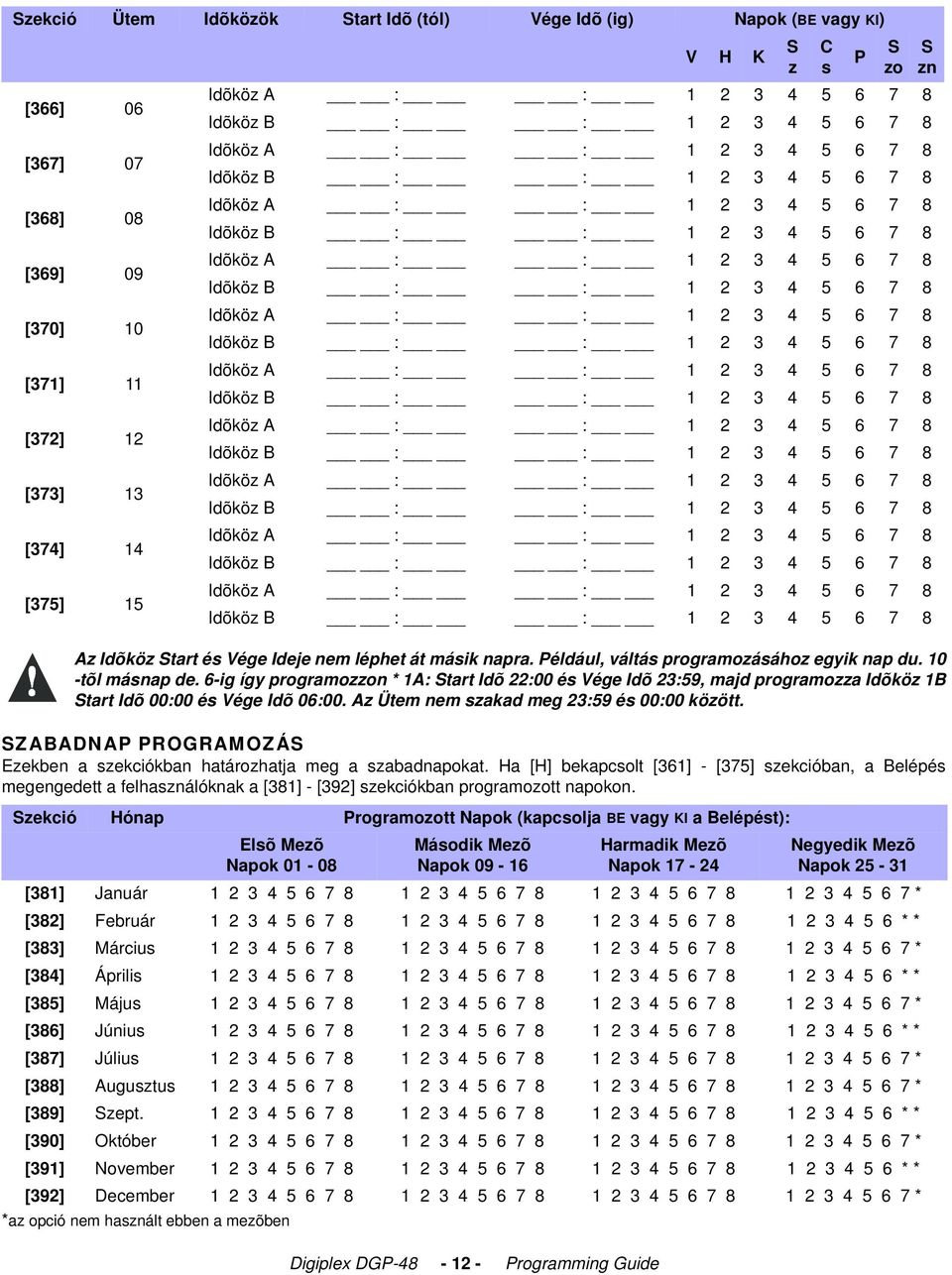 6-ig így programozzon * 1A: Start Idõ 22:00 és Vége Idõ 23:59, majd programozza Idõköz 1B Start Idõ 00:00 és Vége Idõ 06:00. Az Ütem nem szakad meg 23:59 és 00:00 között.