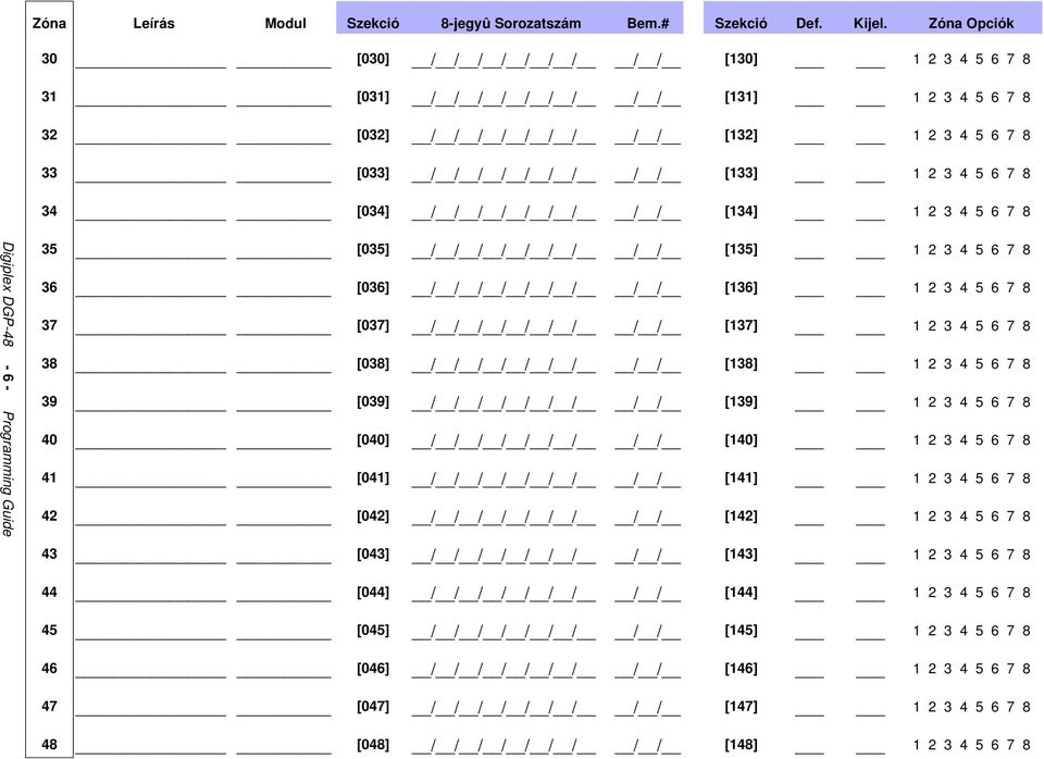 5 6 7 8 34 [034] / / / / / / / / / [134] 1 2 3 4 5 6 7 8 Digiplex DGP-48-6 - Programming Guide 35 [035] / / / / / / / / / [135] 1 2 3 4 5 6 7 8 36 [036] / / / / / / / / / [136] 1 2 3 4 5 6 7 8 37