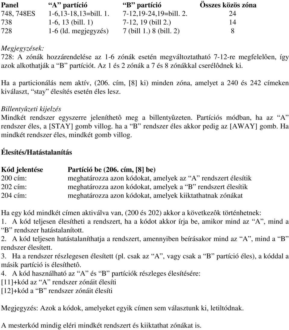 Ha a particionálás nem aktív, (206. cím, [8] ki) minden zóna, amelyet a 240 és 242 címeken kiválaszt, stay élesítés esetén éles lesz.