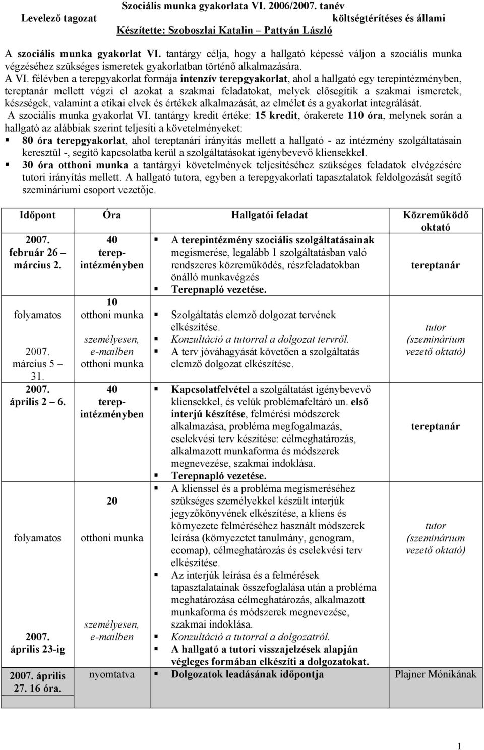 készségek, valamint a etikai elvek és értékek alkalmazását, az elmélet és a gyakorlat integrálását. A szociális munka gyakorlat VI.