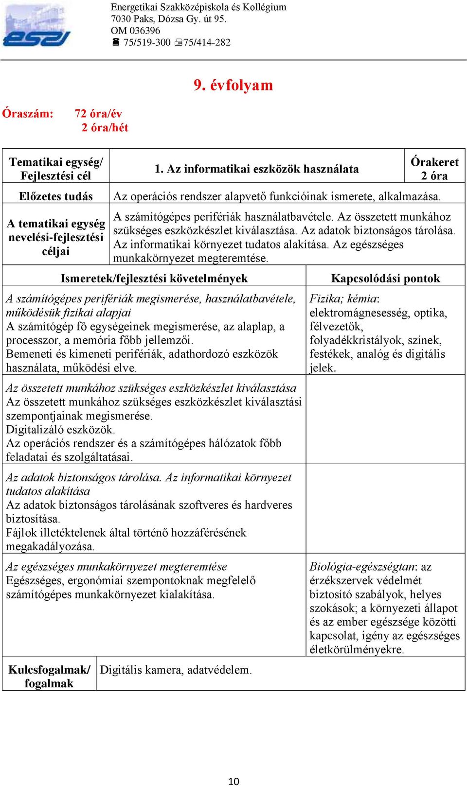 Az összetett munkához szükséges eszközkészlet kiválasztása. Az adatok biztonságos tárolása. Az informatikai környezet tudatos alakítása. Az egészséges munkakörnyezet megteremtése.