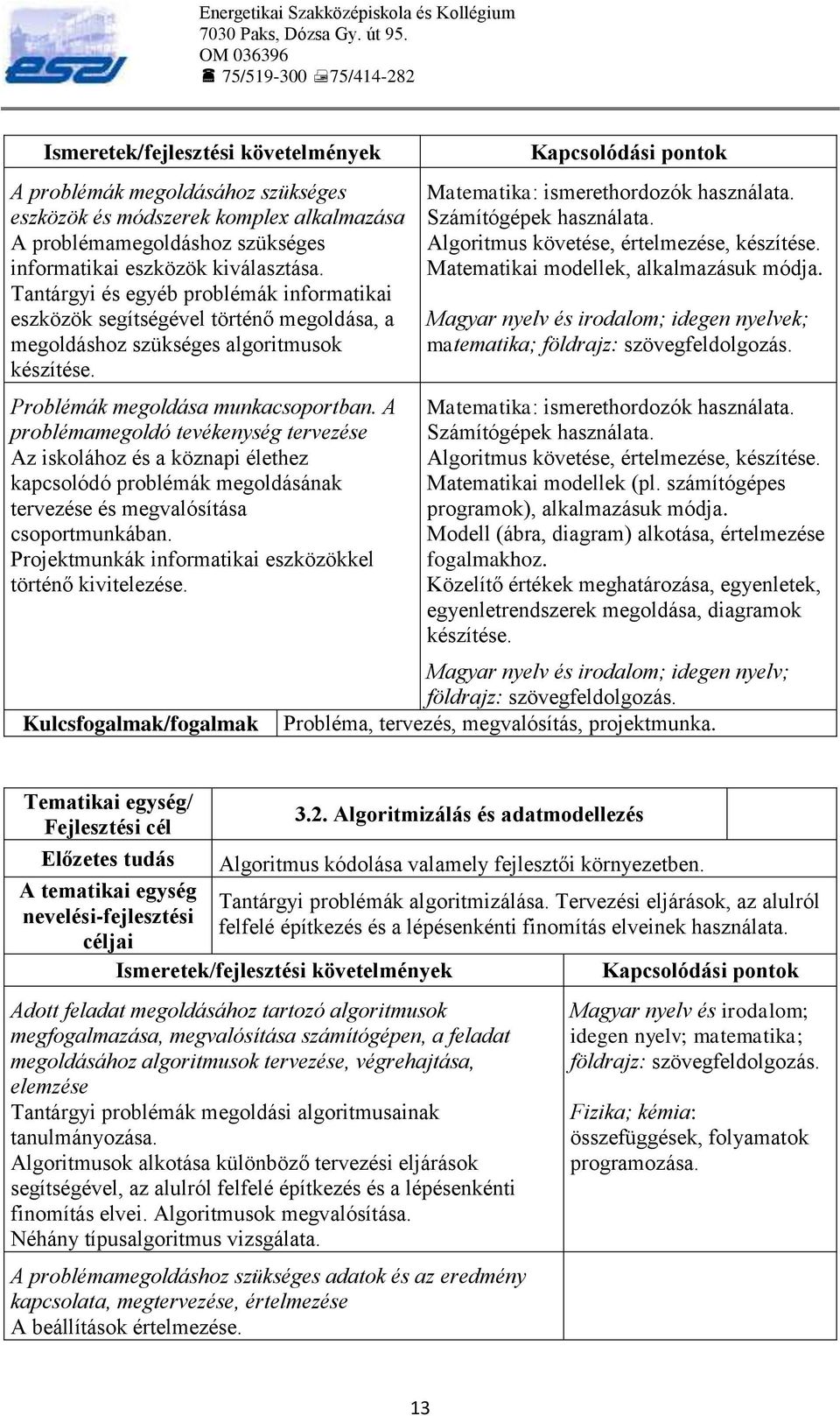 A problémamegoldó tevékenység tervezése Az iskolához és a köznapi élethez kapcsolódó problémák megoldásának tervezése és megvalósítása csoportmunkában.