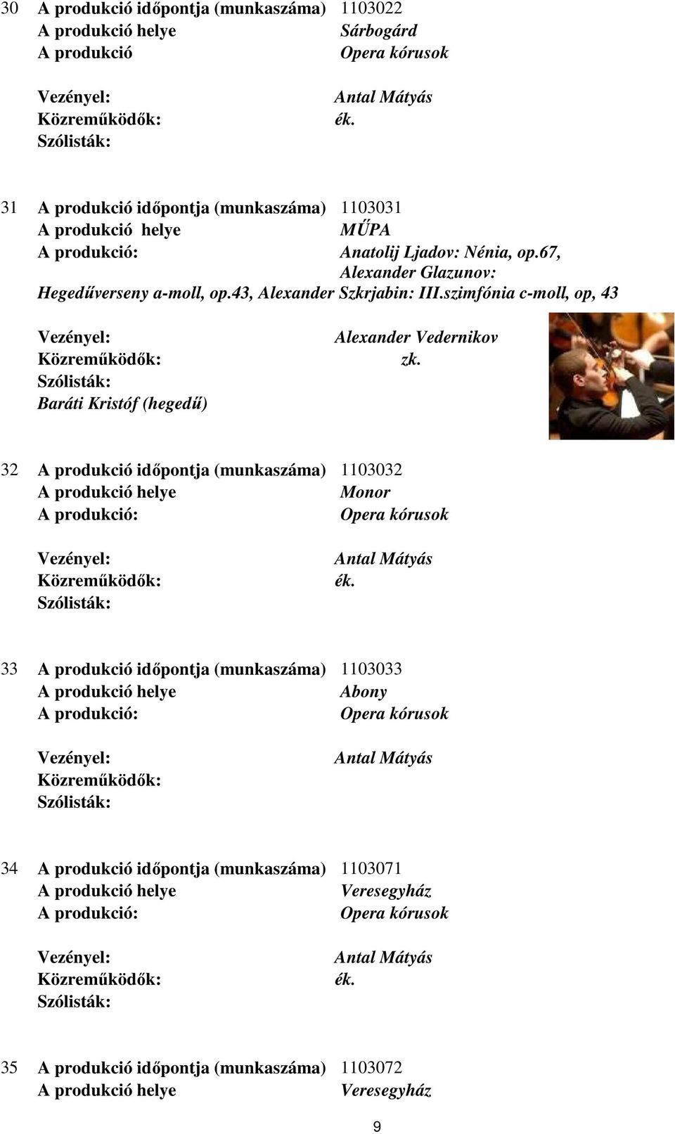 szimfónia c-moll, op, 43 Baráti Kristóf (hegedű) Alexander Vedernikov 32 A produkció időpontja (munkaszáma) 1103032 Monor 33 A
