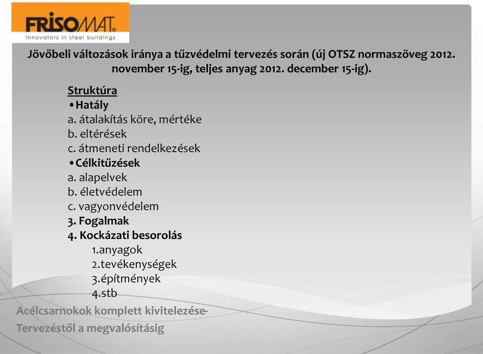 átalakítás köre, mértéke b. eltérések c. átmeneti rendelkezések Célkitűzések a.