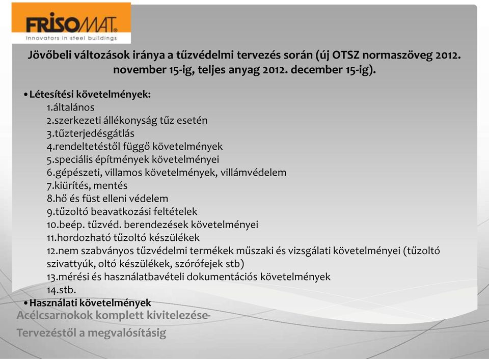 kiürítés, mentés 8.hő és füst elleni védelem 9.tűzoltó beavatkozási feltételek 10.beép. tűzvéd. berendezések követelményei 11.hordozható tűzoltó készülékek 12.