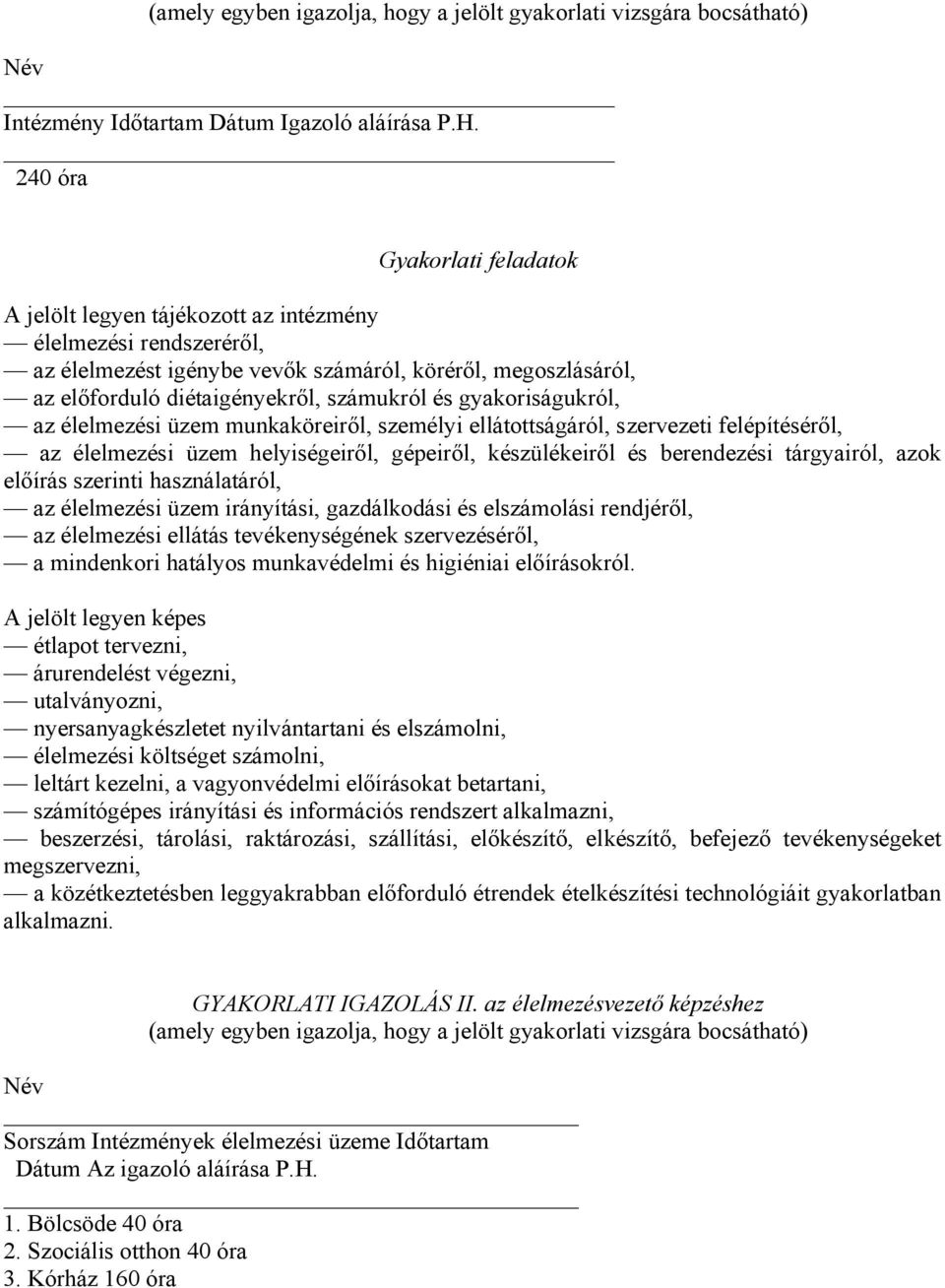 gyakoriságukról, az élelmezési üzem munkaköreiről, személyi ellátottságáról, szervezeti felépítéséről, az élelmezési üzem helyiségeiről, gépeiről, készülékeiről és berendezési tárgyairól, azok