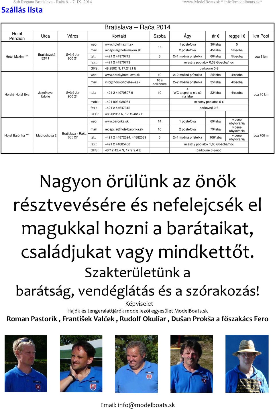 : +421 2 44970742 6 2+1 možná prístelka 60/izba 5/osoba fax : +421 2 44970743 miestny poplatok 0,33 /osoba/noc GPS : 48.2502 N, 17.2121 E parkovné 0 web: www.horskyhotel-eva.