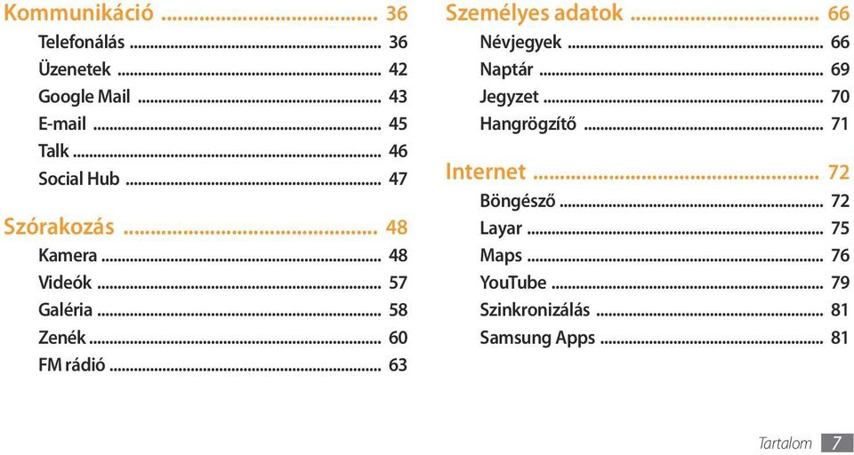 .. 63 Személyes adatok... 66 Névjegyek... 66 Naptár... 69 Jegyzet... 70 Hangrögzítő... 71 Internet.