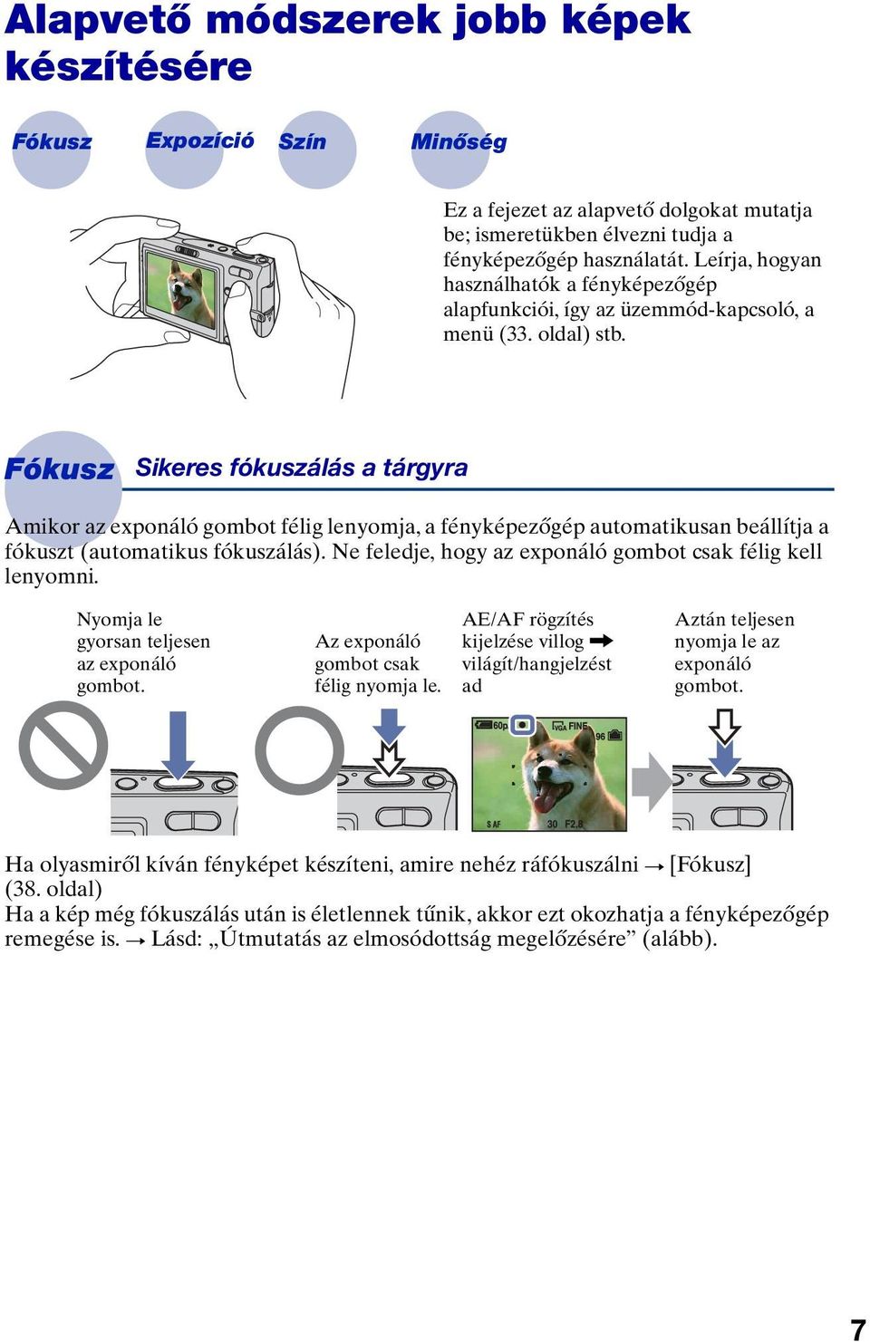 Fókusz Sikeres fókuszálás a tárgyra Amikor az exponáló gombot félig lenyomja, a fényképezőgép automatikusan beállítja a fókuszt (automatikus fókuszálás).