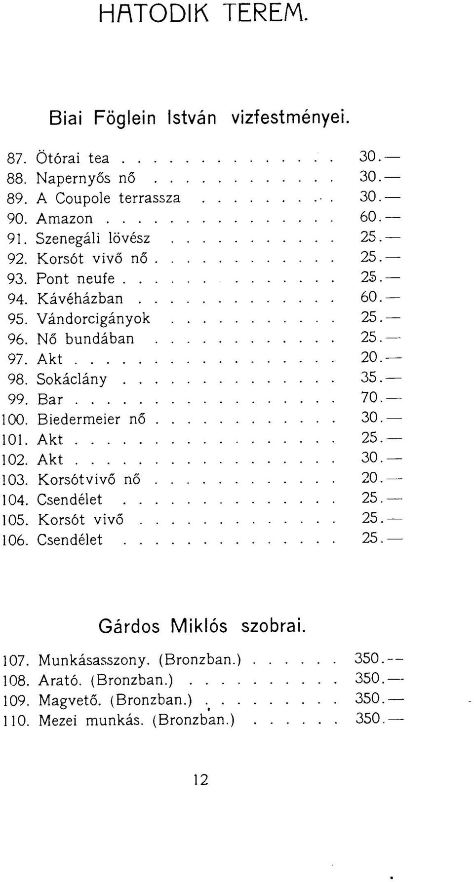 Sokáclány 35 99. Bar 70 100. Biedermeier nő 30 101. Akt 25 102. Akt 30 103. Korsótvivő nő 20 104. Csendélet 25 105. Korsót vivő 25 106.