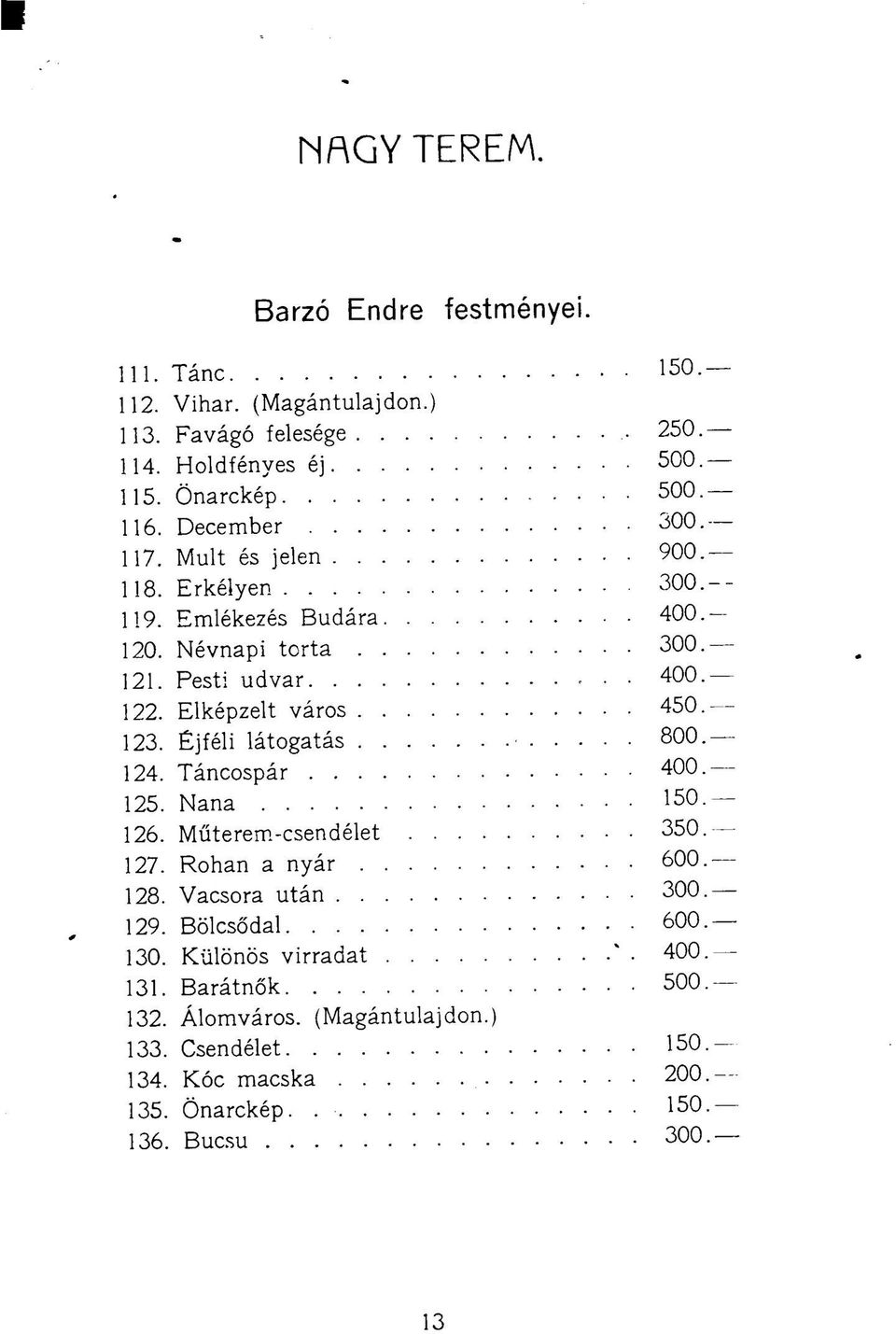 - 123. Éjféli látogatás 800. 124. Táncospár.- 125. Nana 150. 126. Műterem-csendélet 350. 127. Rohan a nyár 600. 128. Vacsora után 300. 129. Bölcsődal 600.