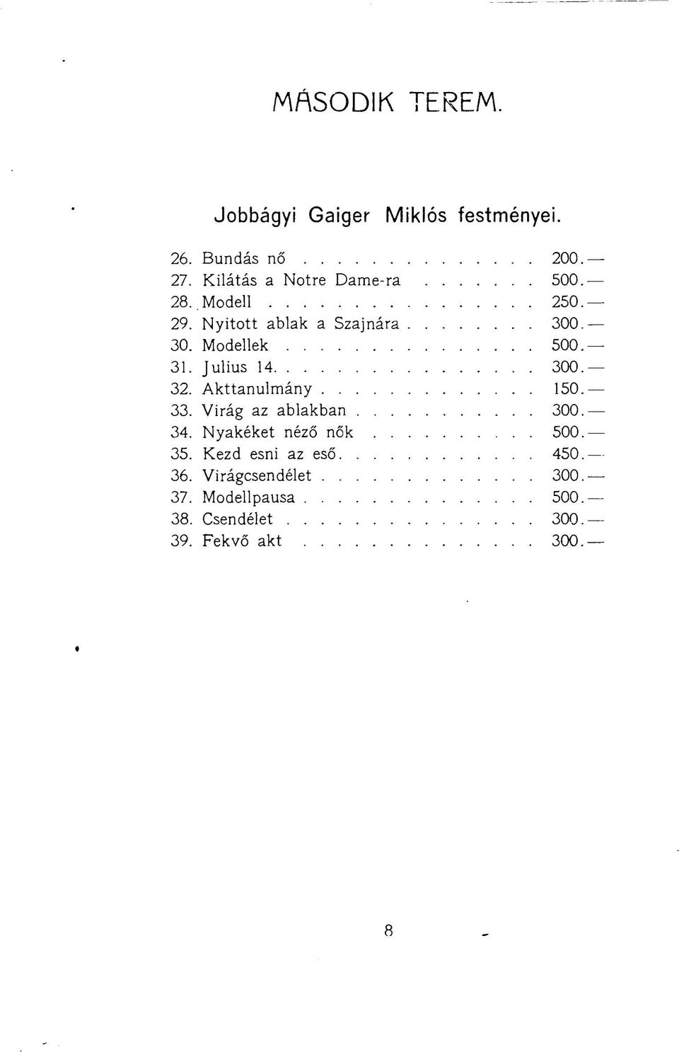 31. Julius 14 300. 32. Akttanulmány 150. 33. Virág az ablakban 300. 34. Nyakéket néző nők 500.