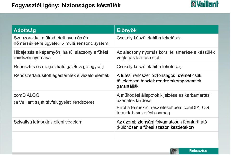 készülék-hiba lehetőség Az alacsony nyomás korai felismerése a készülék végleges leállása előtt Csekély készülék-hiba lehetőség A fűtési rendszer biztonságos üzemét csak tökéletesen tesztelt