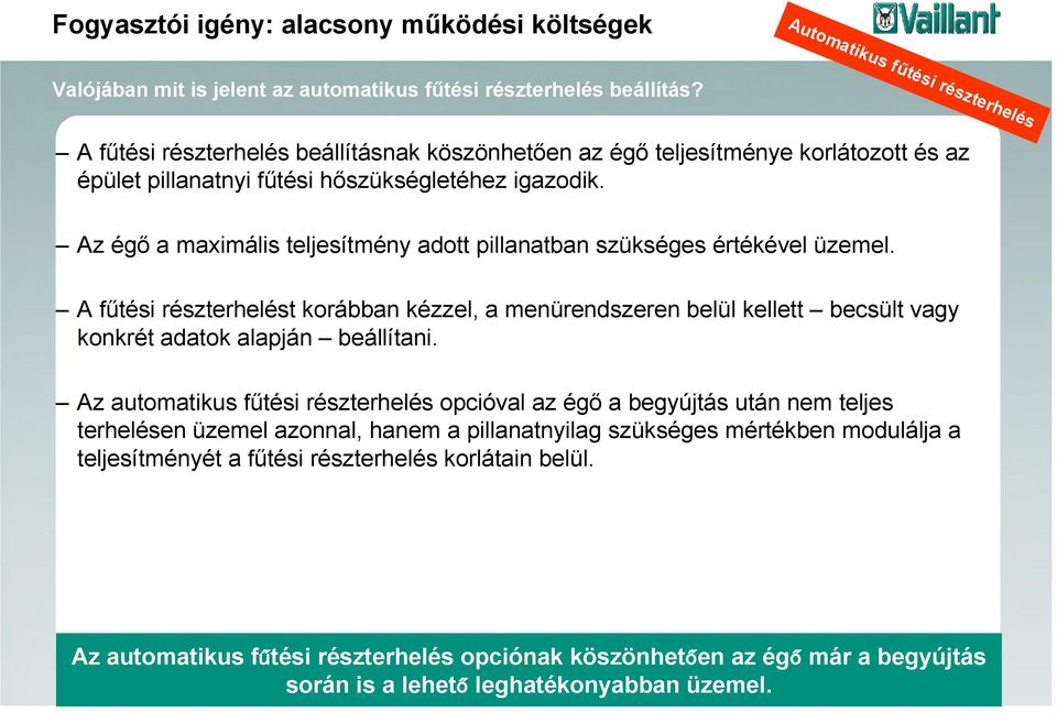 Az égő a maximális teljesítmény adott pillanatban szükséges értékével üzemel. A fűtési részterhelést korábban kézzel, a menürendszeren belül kellett becsült vagy konkrét adatok alapján beállítani.