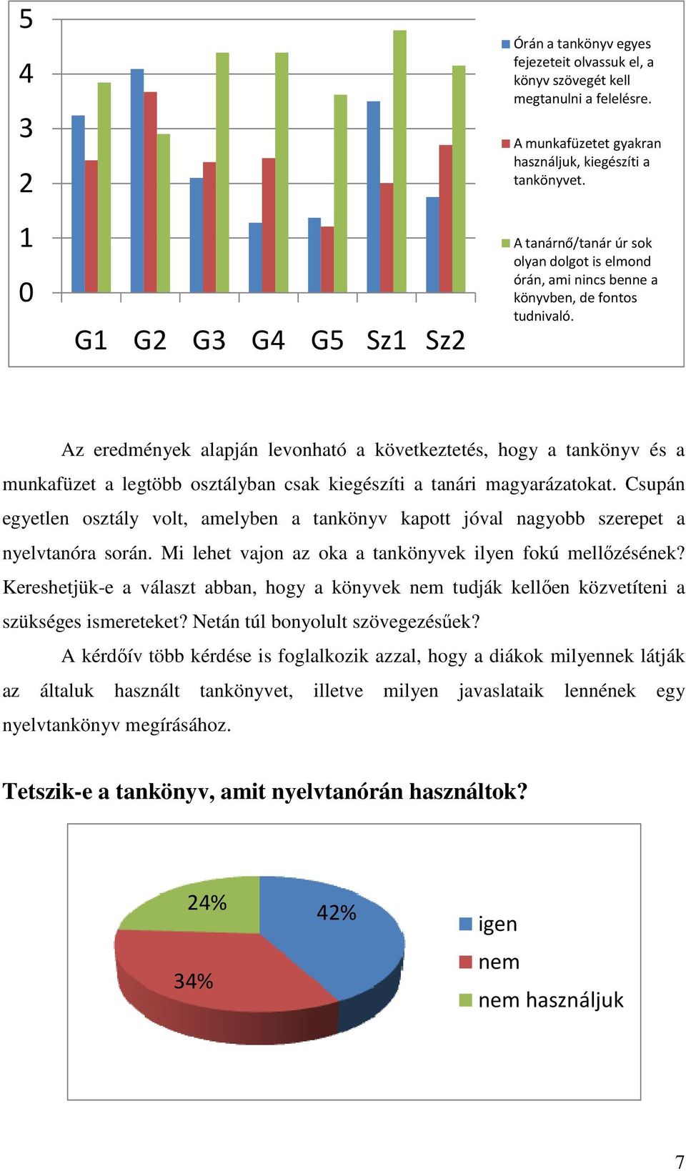 Az eredmények alapján levonható a következtetés, hogy a tankönyv és a munkafüzet a legtöbb osztályban csak kiegészíti a tanári magyarázatokat.