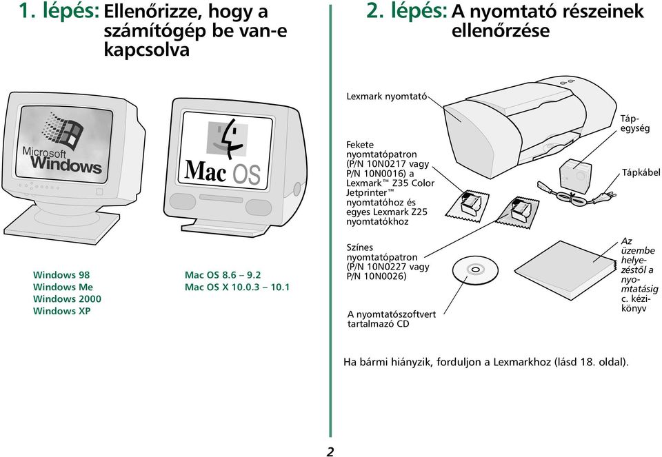 Color Jetprinter nyomtatóhoz és egyes Lexmark Z25 nyomtatókhoz Tápkábel Windows 98 Windows Me Windows 2000 Windows XP Mac OS 8.6 9.