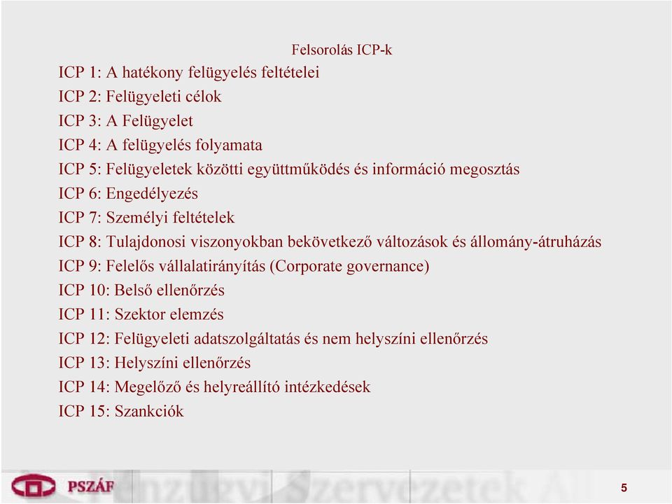 bekövetkező változások és állomány-átruházás ICP 9: Felelős vállalatirányítás (Corporate governance) ICP 10: Belső ellenőrzés ICP 11: Szektor