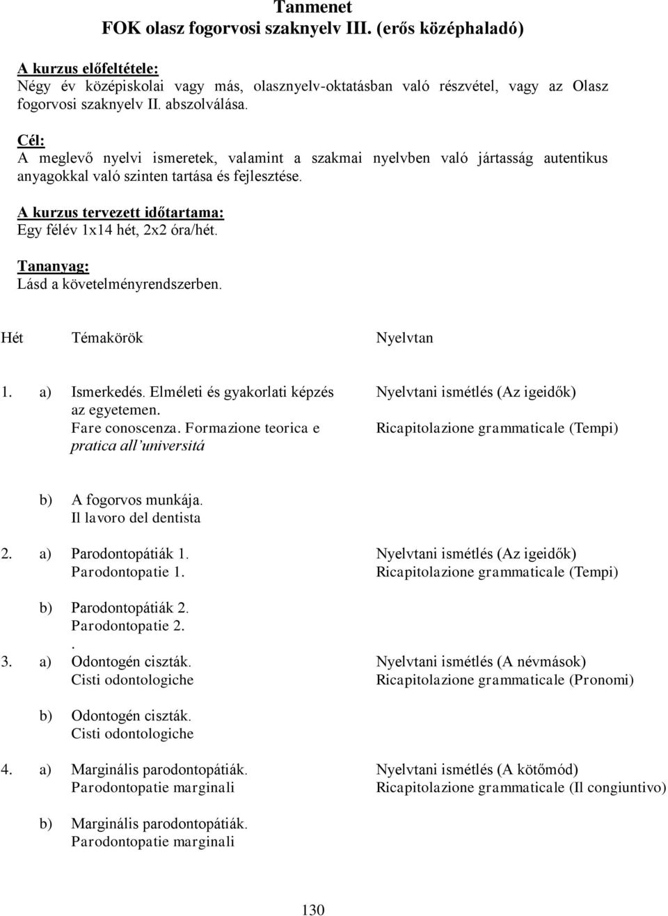 A kurzus tervezett időtartama: Egy félév 1x14 hét, 2x2 óra/hét. Tananyag: Lásd a követelményrendszerben. Hét Témakörök Nyelvtan 1. a) Ismerkedés. Elméleti és gyakorlati képzés az egyetemen.